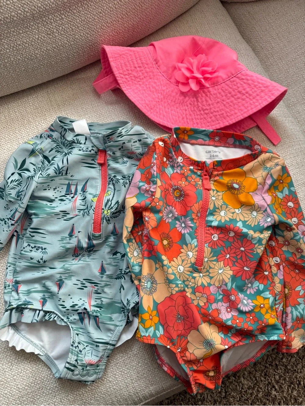 Carter's Pink Sun Hat with Floral and Sailboat Rash Guard Swim Set